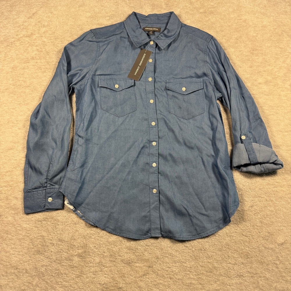Alexander Jordan Shirt Womens Medium Blue Aztec Back Tencel Button Down Roll Tab